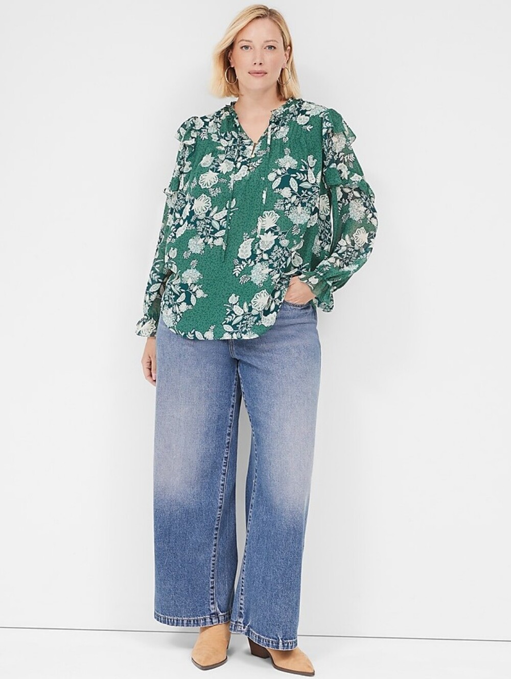 Lane Bryant Green Floral V-Neck Blouse Size 22